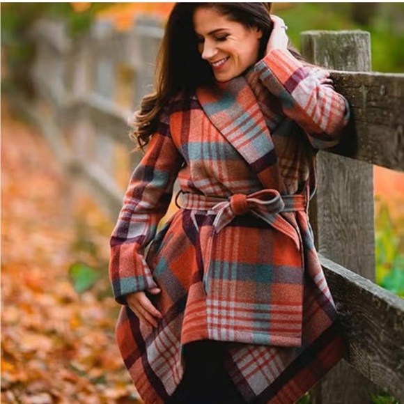 Chicwish Wool Blend Orange Teal Brown Plaid Wrap Coat S - Picture 8 of 8